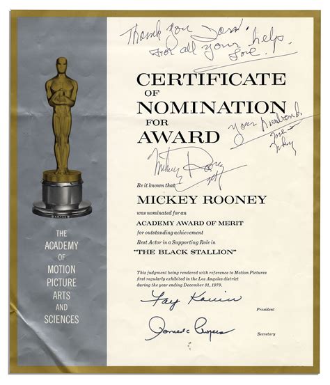 Lot Detail - Mickey Rooney Official Oscar Nomination For Best Actor in a Supporting Role For ...