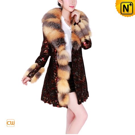 Embossed Leather Womens Red Fox Long Fur Coat Cwmalls