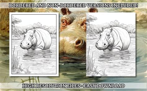 20 Happy Hippos Coloring Book Coloring Pages Grayscale Coloring Instant Download High