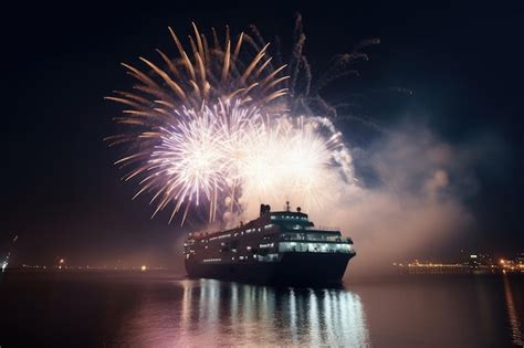 Premium Photo | A cruise ship on the sea at the night full with fireworks