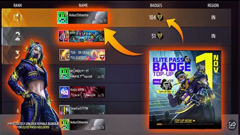 Free Fire Region Top 1 Player In Badges Elite Pass Badge Top Up