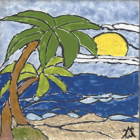 Palm Tree Beach 201 Hand Painted Kiln Fired Decorative Ceramic Wall