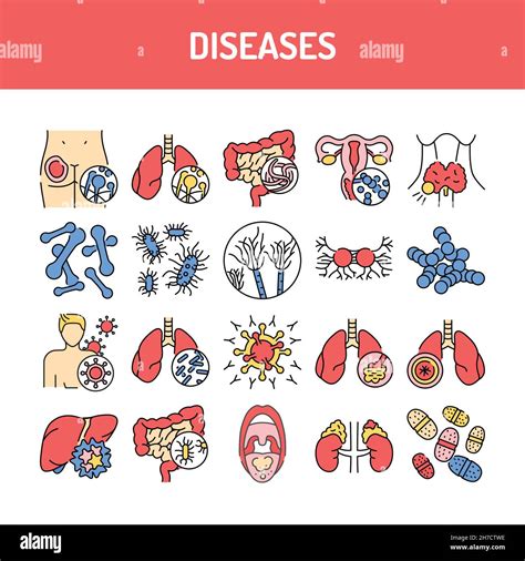 Diseases Color Line Icons Set Pictograms For Web Page Stock Vector