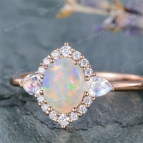 Vintage Opal Engagement Ring Set Rose Gold Cluster Halo Opal Etsy