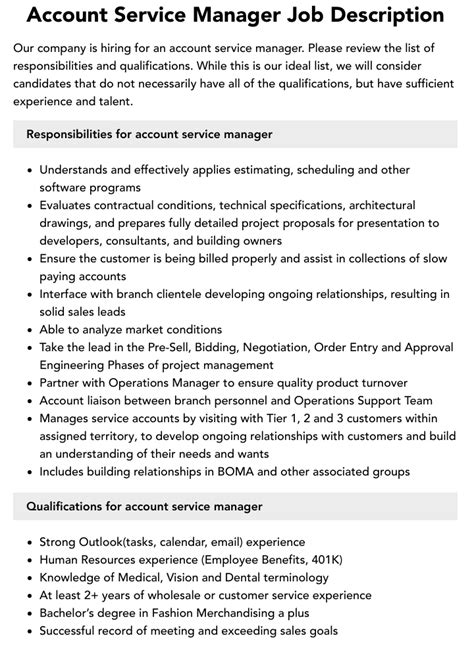 Account Service Manager Job Description Velvet Jobs