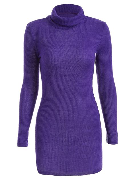 Long Sleeve Turtleneck Bodycon Sweater Dress Purple S In Sweater