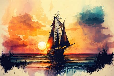 Premium Photo | Sailboat on ocean at sunset beautiful watercolor style