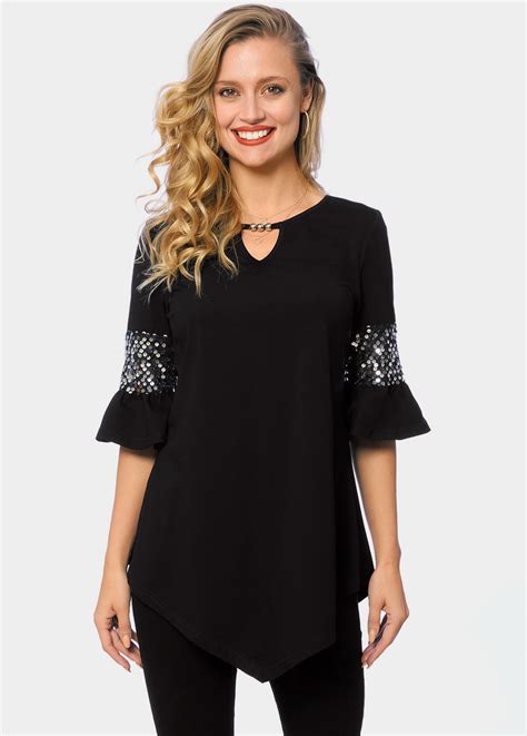 ROTITA Asymmetric Hem Keyhole Neckline Sequin T Shirt Rotita