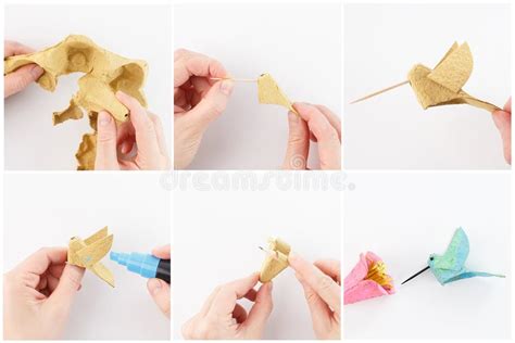 Crafting Process of Making a Paper Hummingbird and Flower from Egg Cartons. Step-by-step ...