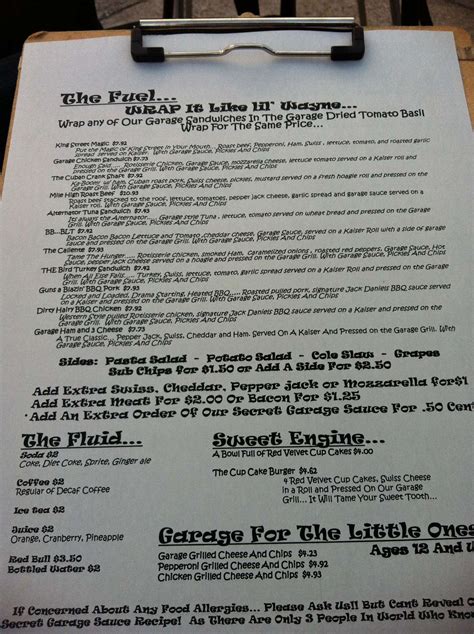 Menu at The Garage pub & bar, Jacksonville