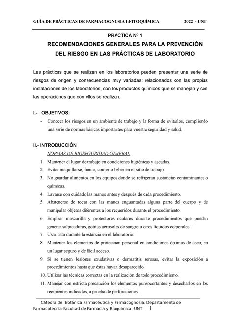 Normas De Seguridad En Laboratorio Gu A De Pr Cticas De Farmacognosia