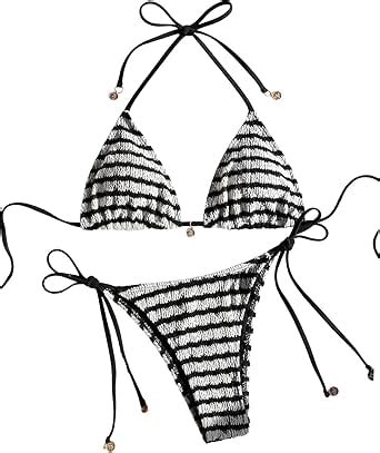 Amazon SOLY HUX Women S Striped Swimsuit Halter Triangle String Bikini Set Tie Side Two