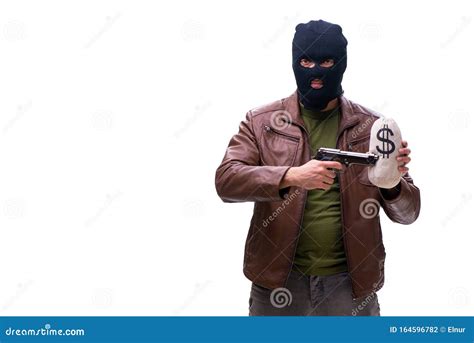 Robber Wearing Balaclava Isolated On White Background Stock Photo