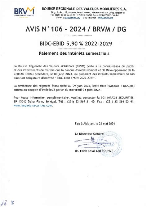 Avis N106 BRVM 2024 Paiement des intérêts semestriels BIDC EBID 5