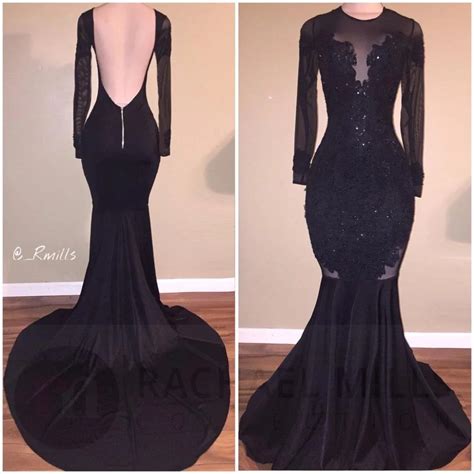 Sexy Backless Black Mermaid Long Sleeve Prom Dresses 2017 Court Train Sheer Satin O Neck Beaded