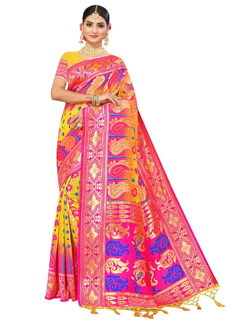 Shop Yellow N Pink Color Woven Work Banarasi Silk Saree Festive Wear