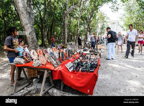 Chichen Itza Mexico Tourists Shopping At Market Stalls Selling Local