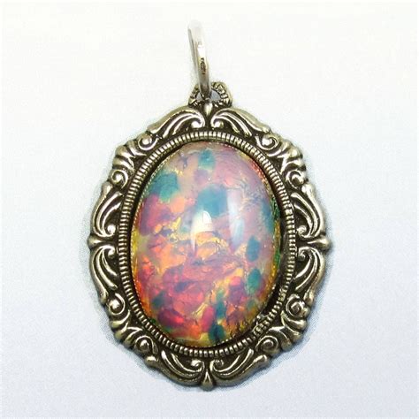 Pink Fire Opal Pendant Harlequin Vintage Glass Cabochon Silver - Etsy