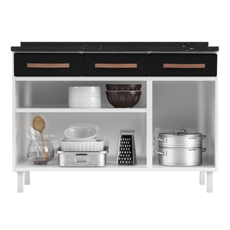 Balcão de Cozinha em Aço Mirage New 3 Portas 3 Gavetas Branco Preto