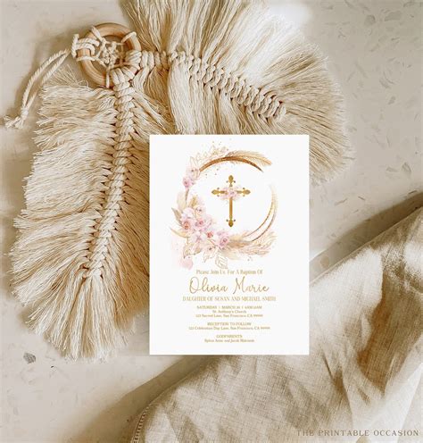 Editable Pampas Grass Baptism Invitation Bohemian Baptism Etsy Uk