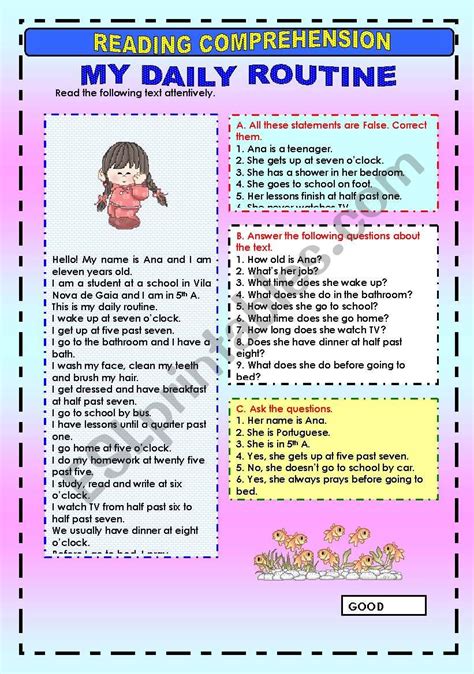 Reading Comprehension My Daily Routine Esl Worksheet By Macomabi