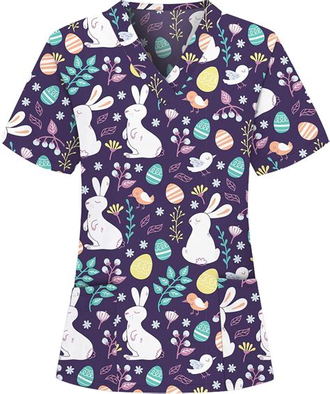 Mounter Women Easter Nurses Scrub Top Bunny Print Scrub Shirt Easter