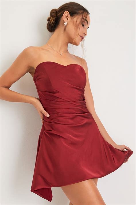 Wine Red Satin Dress Bubble Hem Mini Dress Strapless Dress Lulus