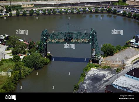 aerial view above draw bridge Cuyahoga river Cleveland Ohio Stock Photo ...