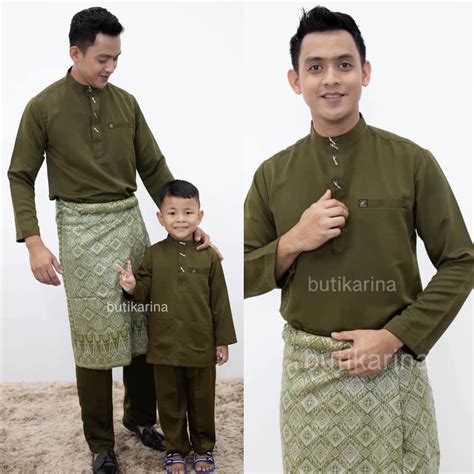 BAJU MELAYU OLIVE GREEN HIJAU SET SEDONDON AYAH DAN ANAK DEWASA KANAK