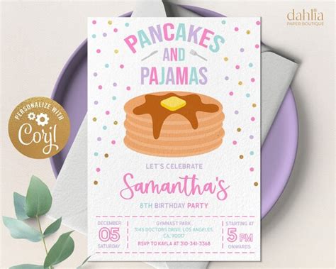 Pancakes And Pajamas Birthday Invitation Editable Sleepover Party