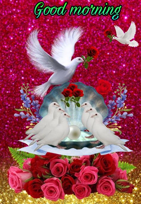 Two White Doves With Red Roses In Front Of A Pink Background And The