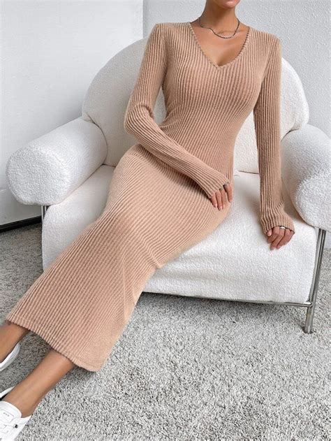 Shein Essnce Solid V Neck Ribbed Knit Bodycon Dress Shein Usa