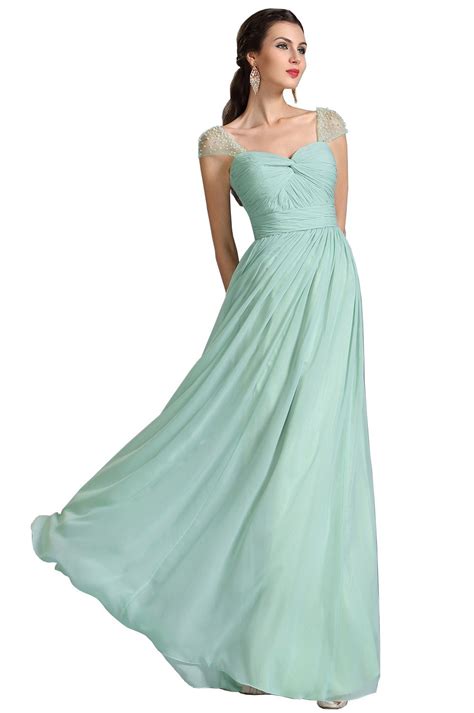 A Line Capped Sleeves Mint Bridesmaid Dress Evening Dress