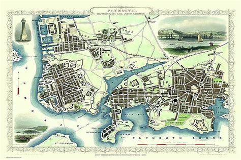 Old Map Of Plymouth Devonport And Stonehouse 1851 By John