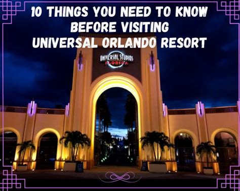 the entrance to universal orlando resort at night with text overlay ...