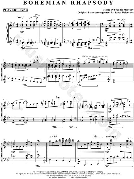 Player Piano Feat Sonya Belousova Bohemian Rhapsody Sheet Music Piano Solo Download