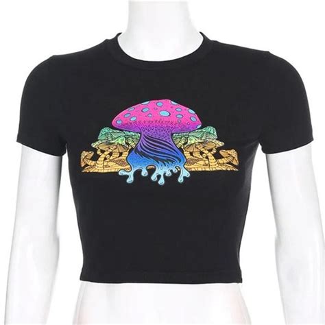 💰kjøp Gothic Top Vintage Slim O Neck T Shirt Sexy Color Mushroom Print Black Crop Top Y2k