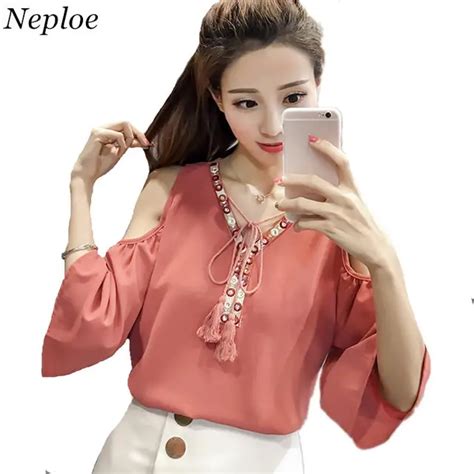 Neploe Chiffon Blouse 2018 Summer Flare Sleeve Tops V Neck Tassel Lace