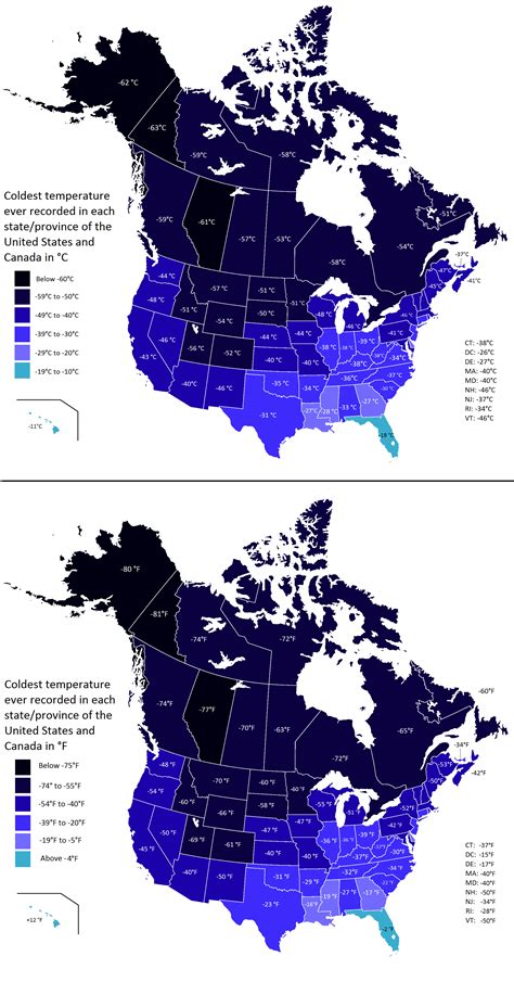 The Lowest Temperature Recorded In Each Stateprovince Of The Us And Canada In Celsius