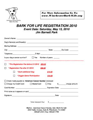 Fillable Online Relay Acsevents 2010 Bark For Life Registration Form