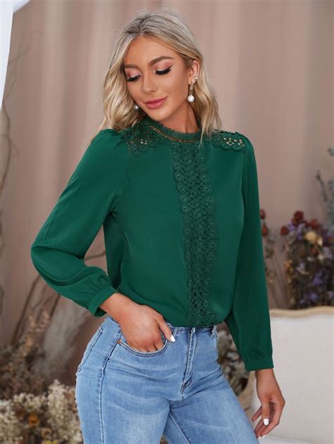 Dark Green Elegant Long Sleeve Polyester Plain Top Non Stretch Spring