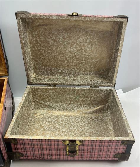 Vtg Pink Plaid Metal Suitcases Litho Doll Trunk Tartan Tin Set Salesman