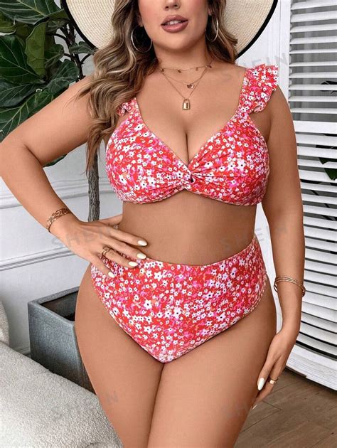 Shein Swim Vcay Summer Beach Plus Size Printed Twist Front Bikini Set