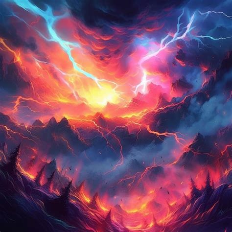 Premium Photo | A painting of a mountain with a fire and lightning in ...