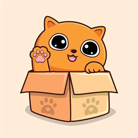 gato naranja en caja de dibujos animados agitando la mano - lindo gatito gato kawaii peones ...