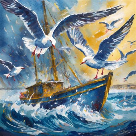 Seagulls And Fishing Boat Art Print Free Stock Photo - Public Domain Pictures