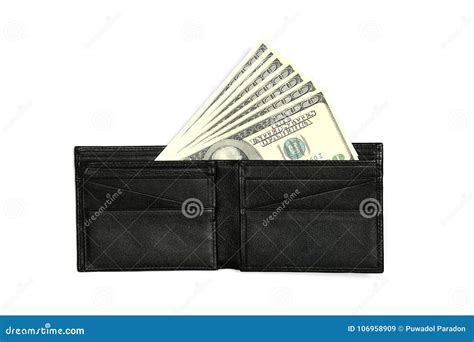 Black Leather Wallet With Money Isolated On White Background Stock