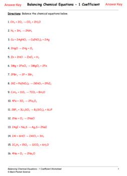 Balancing Chemical Equations With 1 Coefficient Worksheet TPT