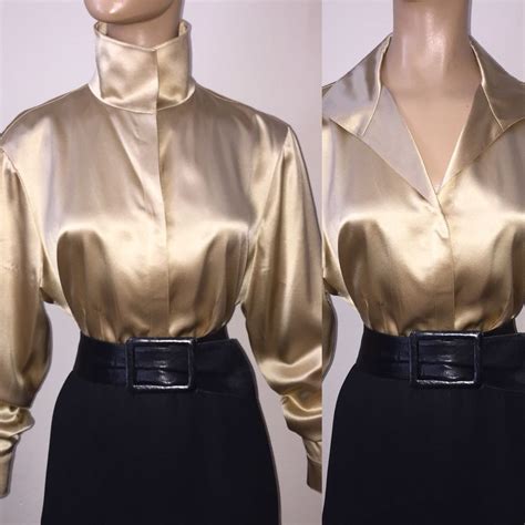 14 L Silk Lafayette 148 Liquid Satin Gold Blouse 44“ Bust Collar High Neck Vtg Ebay Outfit