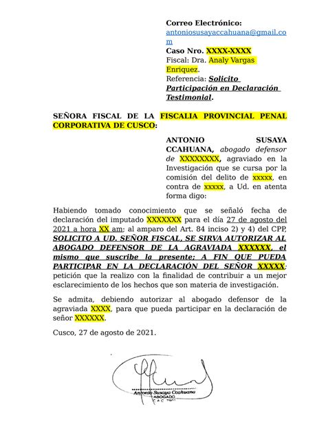 Solicita Participacion En Declaracion Testimonial Fiscalia Correo